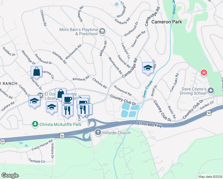 map of restaurants, bars, coffee shops, grocery stores, and more near 3850 Archwood Road in Cameron Park