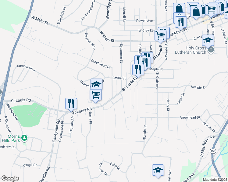 map of restaurants, bars, coffee shops, grocery stores, and more near 434 O Farrell Street in Collinsville