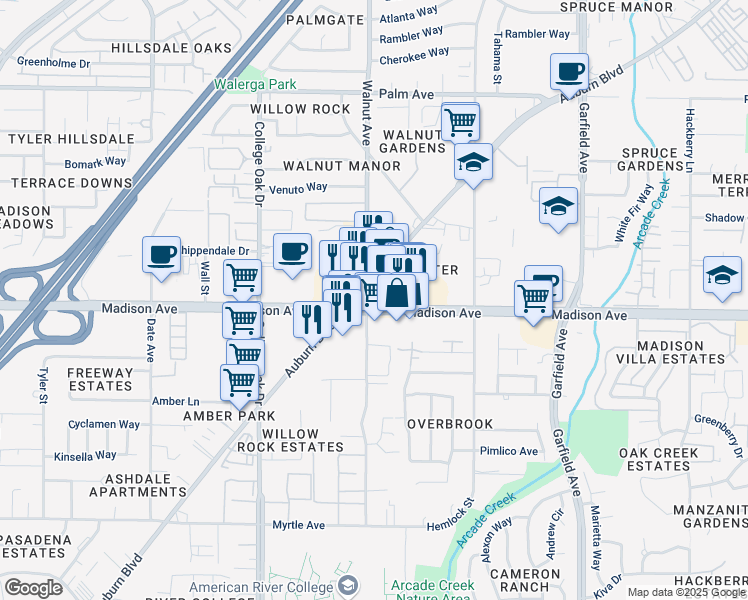 map of restaurants, bars, coffee shops, grocery stores, and more near 5105 Madison Avenue in Sacramento