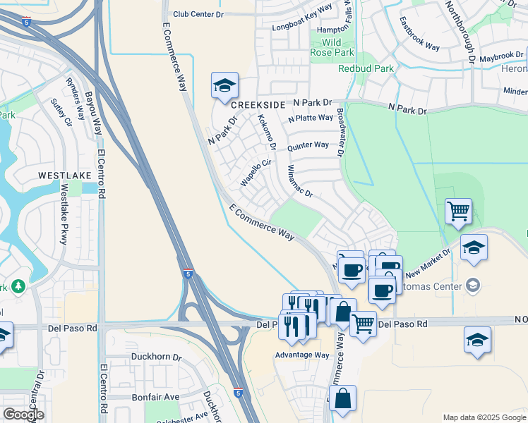 map of restaurants, bars, coffee shops, grocery stores, and more near 640 Wapello Circle in Sacramento