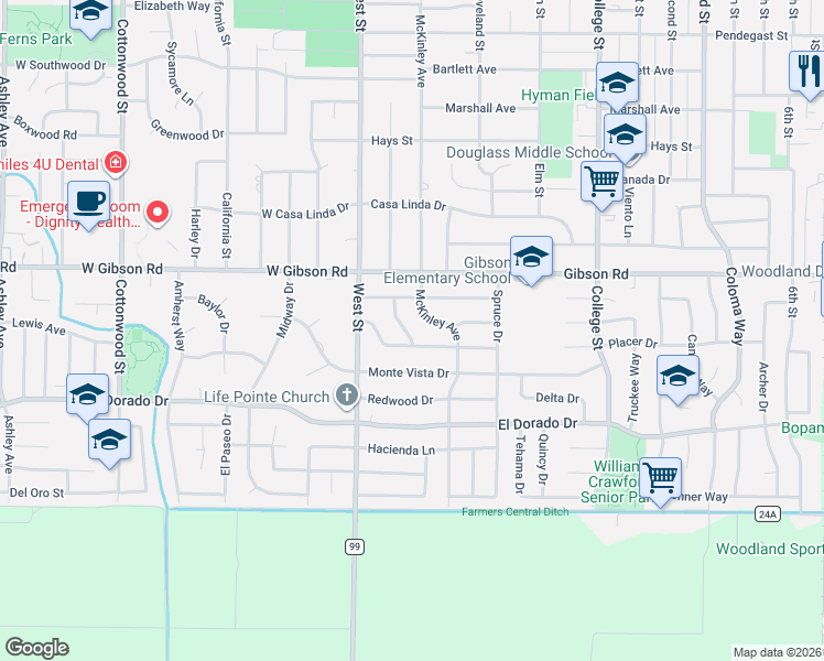 map of restaurants, bars, coffee shops, grocery stores, and more near 1417 Madrone Way in Woodland