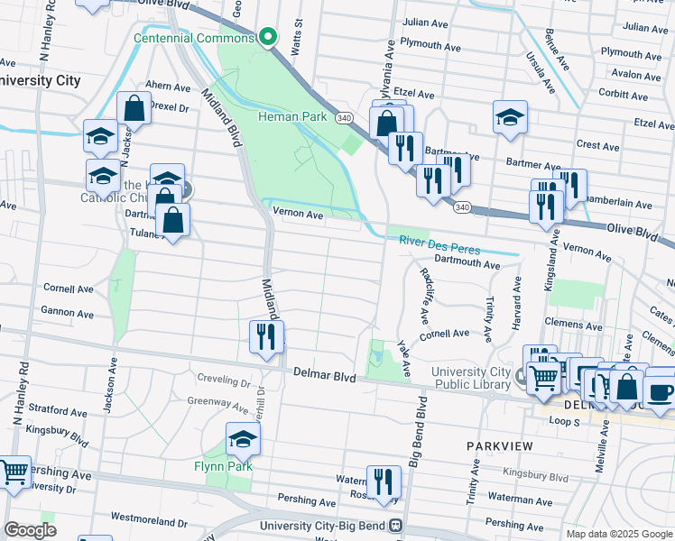 map of restaurants, bars, coffee shops, grocery stores, and more near 7045 Amherst Avenue in University City
