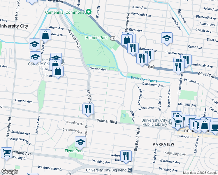 map of restaurants, bars, coffee shops, grocery stores, and more near 7045 Amherst Avenue in University City
