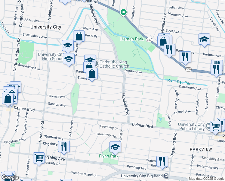 map of restaurants, bars, coffee shops, grocery stores, and more near 7223 Colgate Avenue in University City
