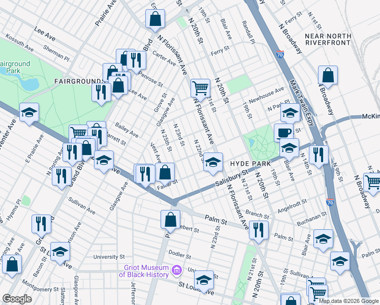map of restaurants, bars, coffee shops, grocery stores, and more near 3901 North 23rd Street in St. Louis