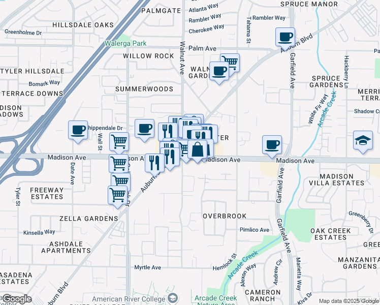 map of restaurants, bars, coffee shops, grocery stores, and more near 5105 Madison Avenue in Sacramento