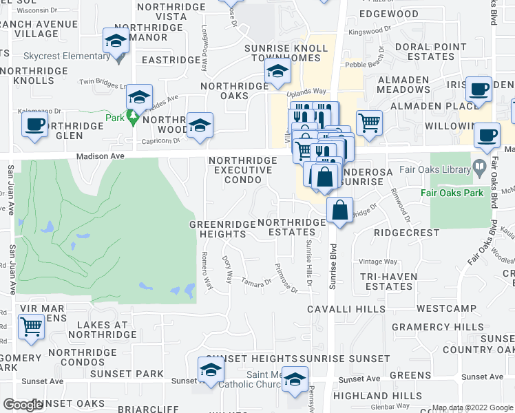 map of restaurants, bars, coffee shops, grocery stores, and more near 5208 Lake Knoll Lane in Fair Oaks
