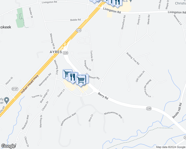 map of restaurants, bars, coffee shops, grocery stores, and more near 16627 Tortola Drive in Accokeek