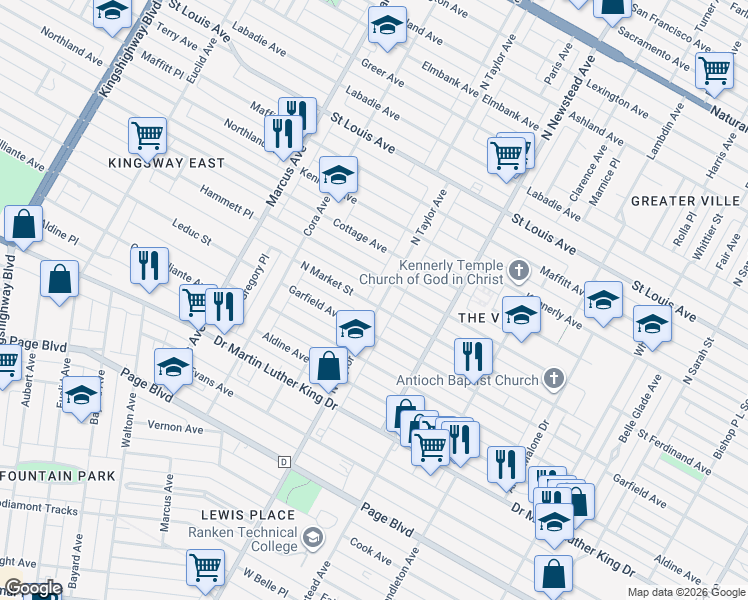 map of restaurants, bars, coffee shops, grocery stores, and more near 2403 North Taylor Avenue in St. Louis