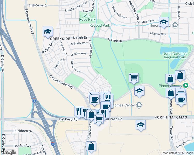 map of restaurants, bars, coffee shops, grocery stores, and more near 1614 Broadwater Drive in Sacramento