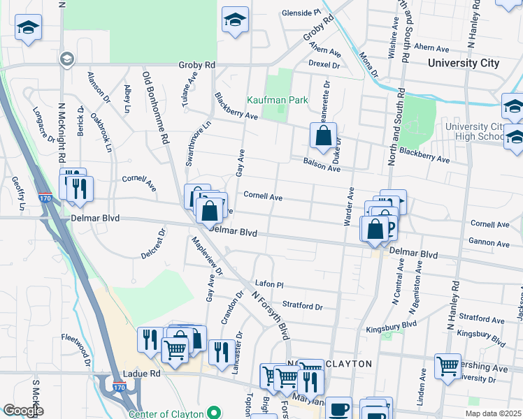map of restaurants, bars, coffee shops, grocery stores, and more near 8015 Gannon Avenue in University City