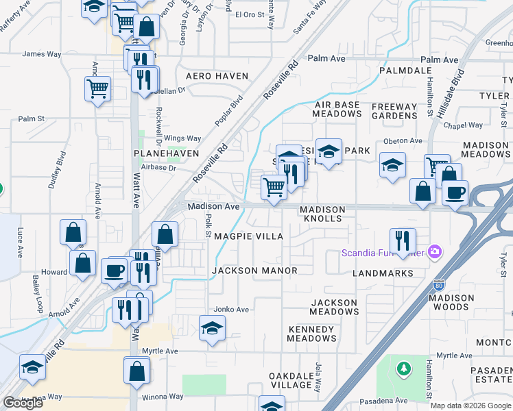 map of restaurants, bars, coffee shops, grocery stores, and more near 3810 Madison Avenue in North Highlands