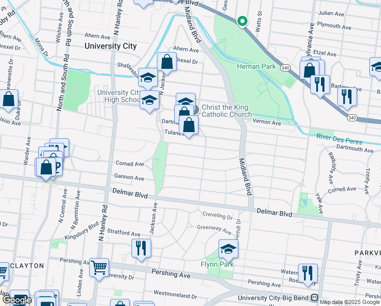 map of restaurants, bars, coffee shops, grocery stores, and more near 7316 Colgate Avenue in University City