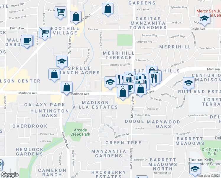 map of restaurants, bars, coffee shops, grocery stores, and more near 57 Madison Avenue in Sacramento