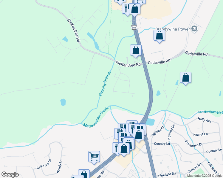 map of restaurants, bars, coffee shops, grocery stores, and more near 16645 Green Glade Drive in Brandywine