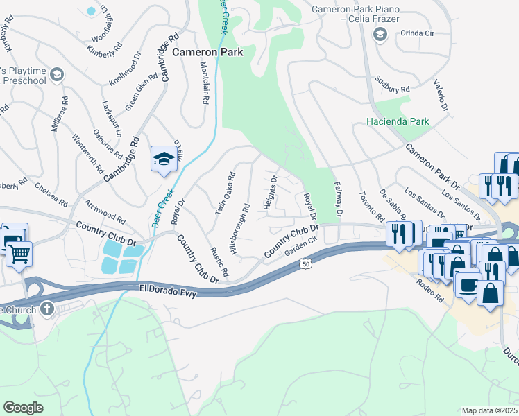 map of restaurants, bars, coffee shops, grocery stores, and more near 3268 Heights Drive in Cameron Park