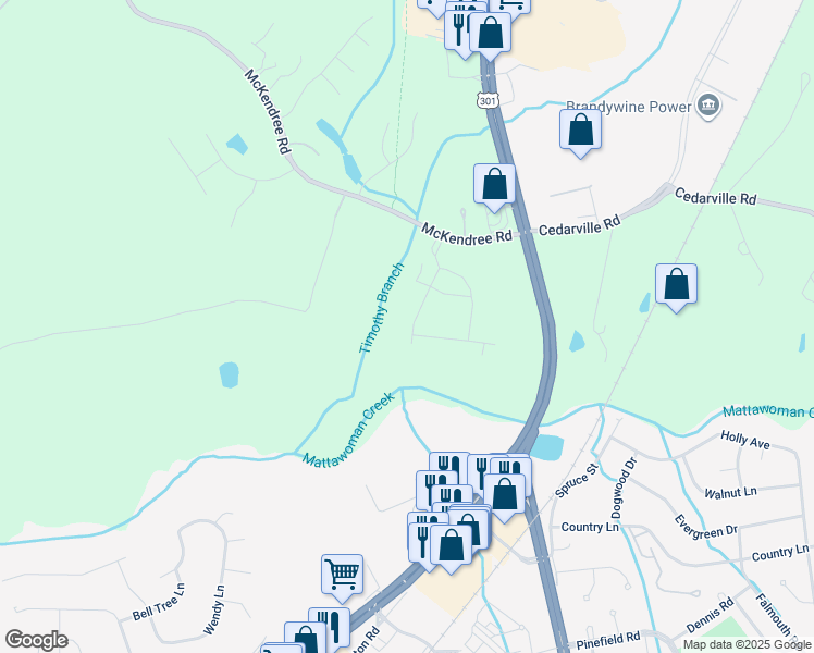 map of restaurants, bars, coffee shops, grocery stores, and more near 16645 Green Glade Drive in Brandywine