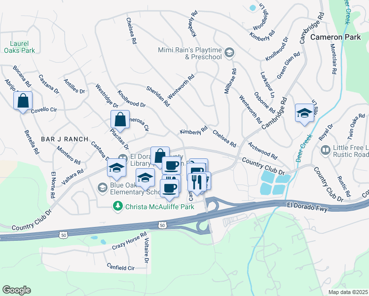 map of restaurants, bars, coffee shops, grocery stores, and more near Country Club Drive & Knollwood Drive in Shingle Springs