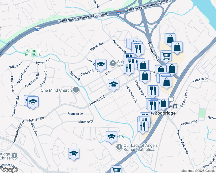 map of restaurants, bars, coffee shops, grocery stores, and more near 1425 F Street in Woodbridge