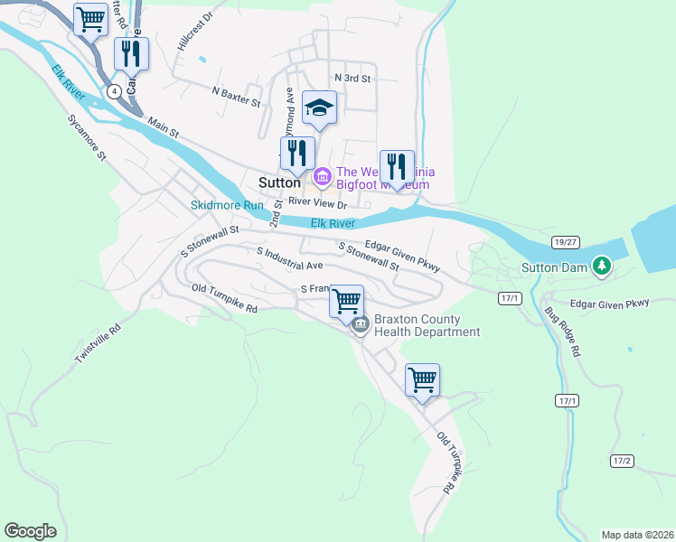 map of restaurants, bars, coffee shops, grocery stores, and more near 461 S Franklin Ave in Sutton