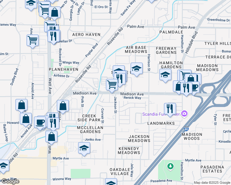 map of restaurants, bars, coffee shops, grocery stores, and more near Madison Avenue & Jackson Street in North Highlands