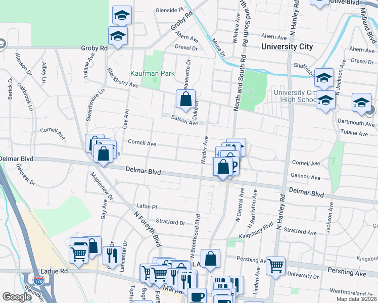 map of restaurants, bars, coffee shops, grocery stores, and more near 7823 Gannon Avenue in University City