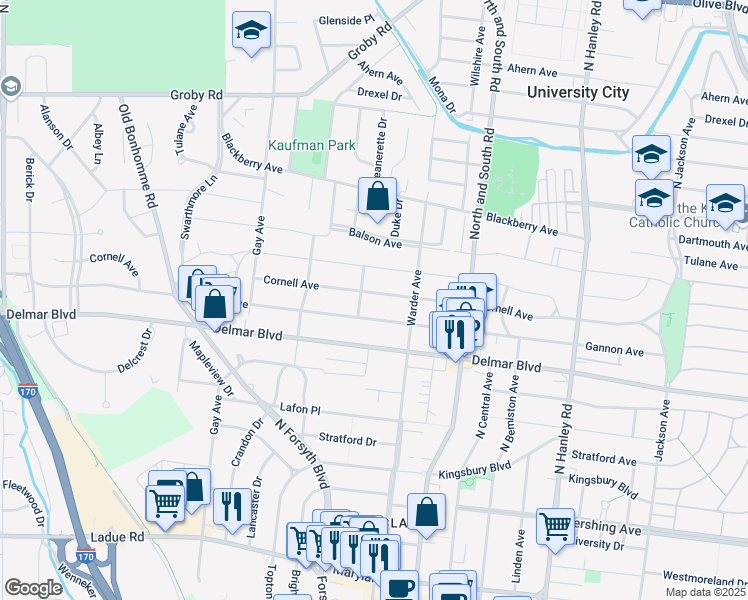 map of restaurants, bars, coffee shops, grocery stores, and more near 7901 Gannon Avenue in University City