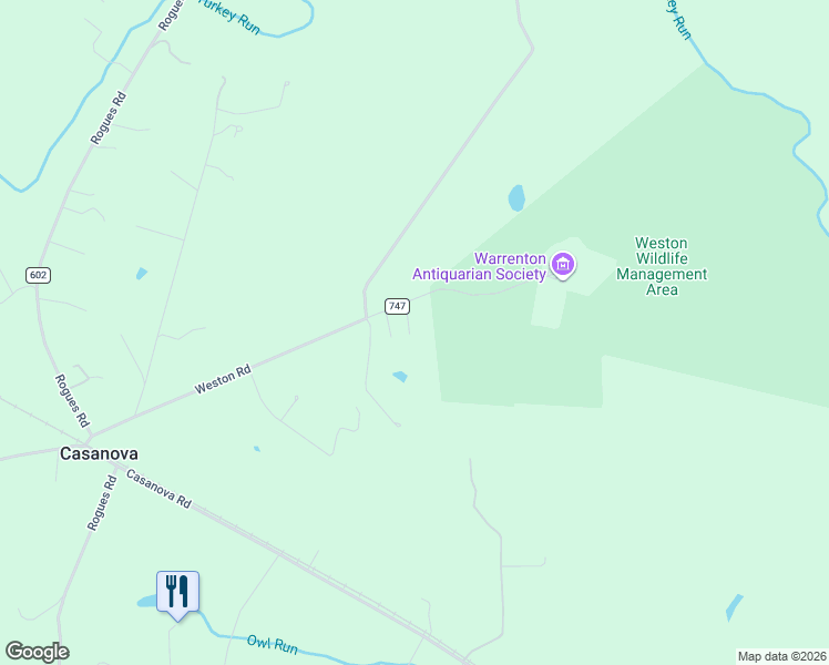 map of restaurants, bars, coffee shops, grocery stores, and more near 4561 Weston Road in Warrenton