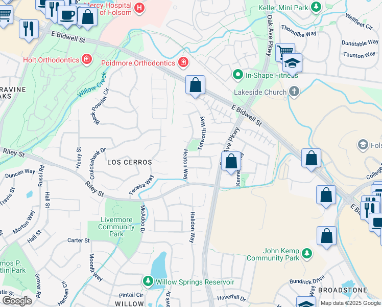 map of restaurants, bars, coffee shops, grocery stores, and more near 102 Flindell Way in Folsom
