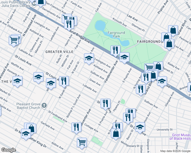 map of restaurants, bars, coffee shops, grocery stores, and more near 3938 Sullivan Avenue in St. Louis