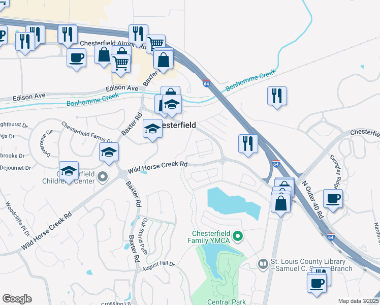 map of restaurants, bars, coffee shops, grocery stores, and more near 16573 Wild Horse Creek Road in Chesterfield