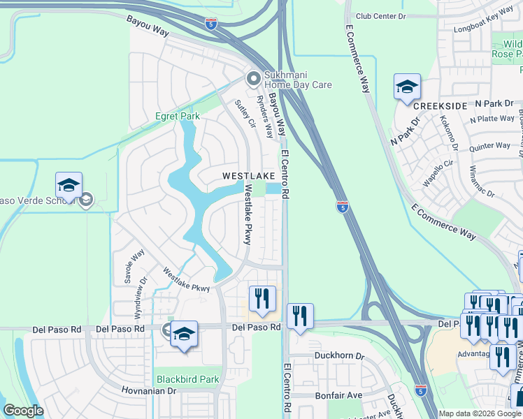 map of restaurants, bars, coffee shops, grocery stores, and more near 4958 Westlake Parkway in Sacramento