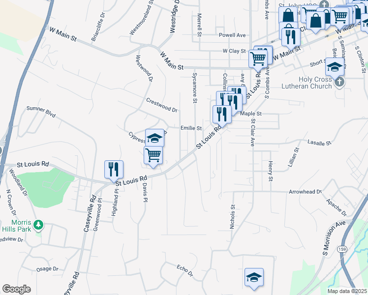 map of restaurants, bars, coffee shops, grocery stores, and more near in Collinsville