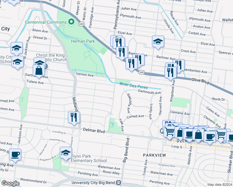 map of restaurants, bars, coffee shops, grocery stores, and more near 789 Yale Avenue in University City