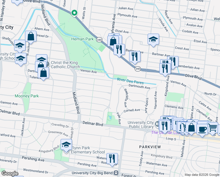 map of restaurants, bars, coffee shops, grocery stores, and more near 7009 Amherst Avenue in University City