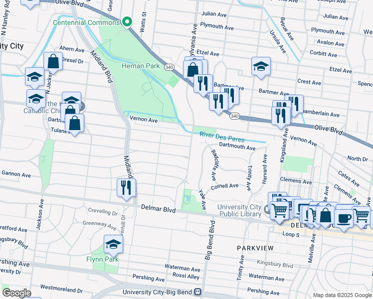 map of restaurants, bars, coffee shops, grocery stores, and more near 7009 Amherst Avenue in University City