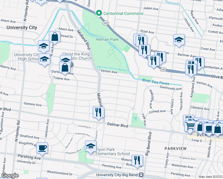map of restaurants, bars, coffee shops, grocery stores, and more near 7118 Amherst Avenue in University City