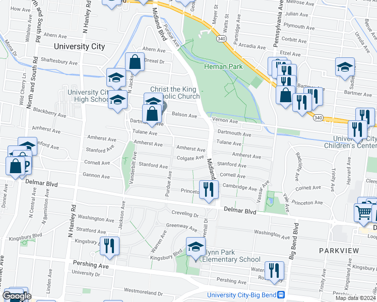 map of restaurants, bars, coffee shops, grocery stores, and more near 7223 Colgate Avenue in University City