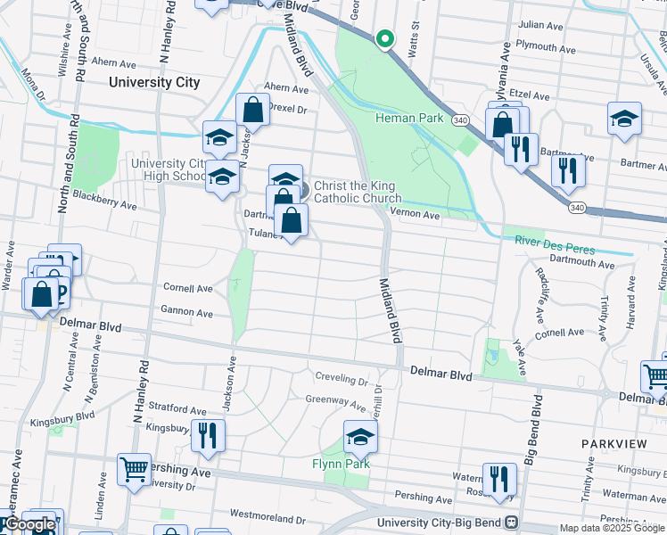 map of restaurants, bars, coffee shops, grocery stores, and more near 7259 Colgate Avenue in University City