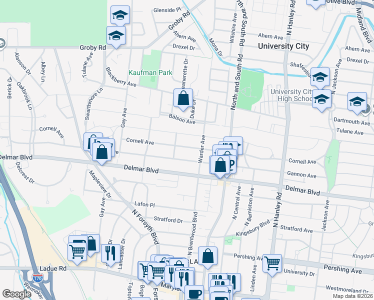 map of restaurants, bars, coffee shops, grocery stores, and more near 7823 Gannon Avenue in University City