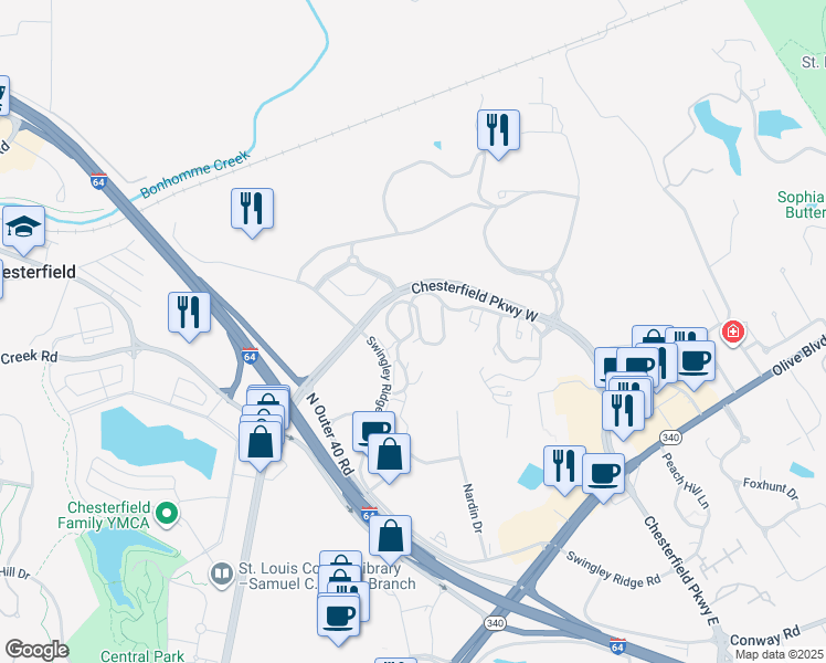 map of restaurants, bars, coffee shops, grocery stores, and more near 741 Hawkmount Circle in Chesterfield