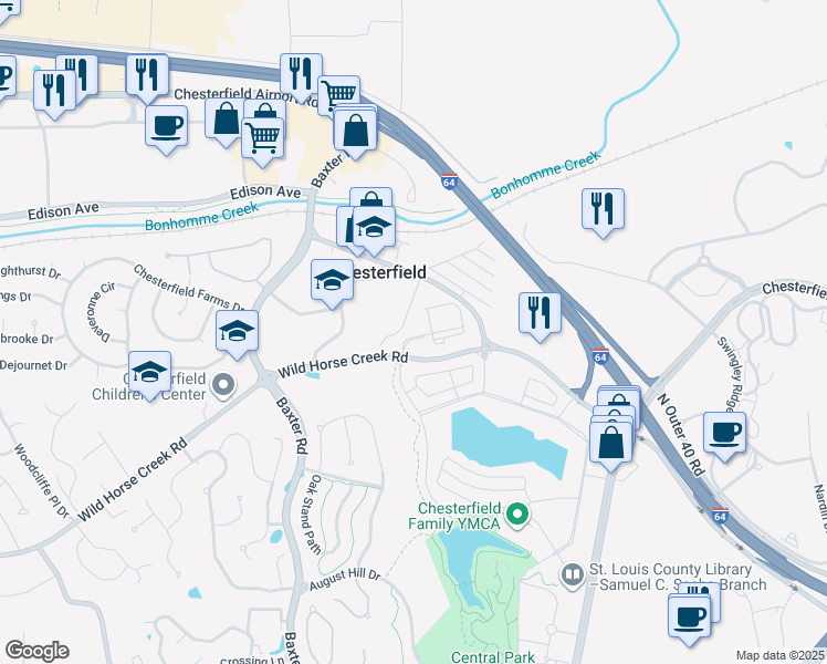 map of restaurants, bars, coffee shops, grocery stores, and more near 16573 Wild Horse Creek Road in Chesterfield