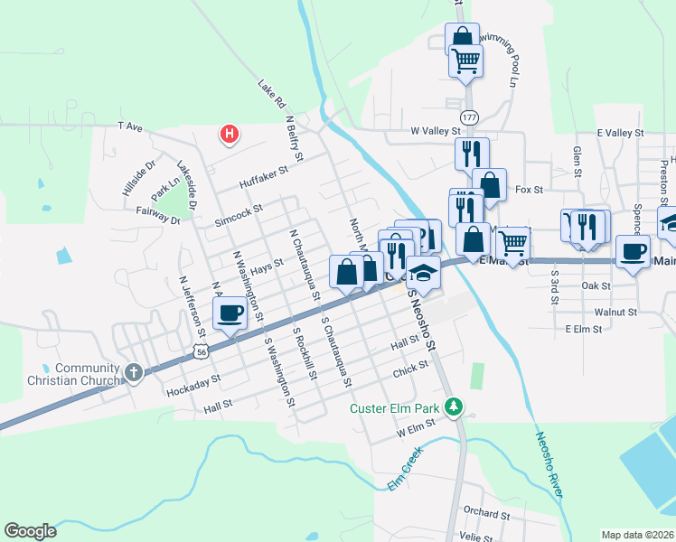map of restaurants, bars, coffee shops, grocery stores, and more near 98 North Belfry Street in Council Grove