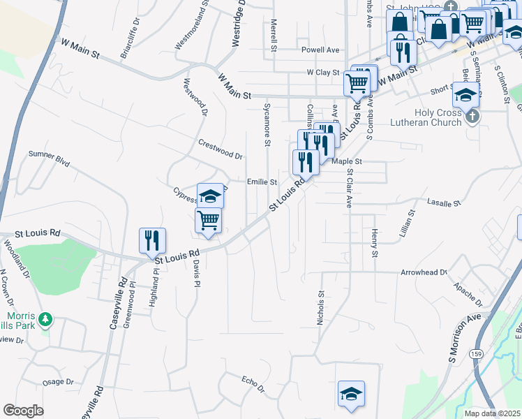 map of restaurants, bars, coffee shops, grocery stores, and more near 605 Saint Louis Road in Collinsville