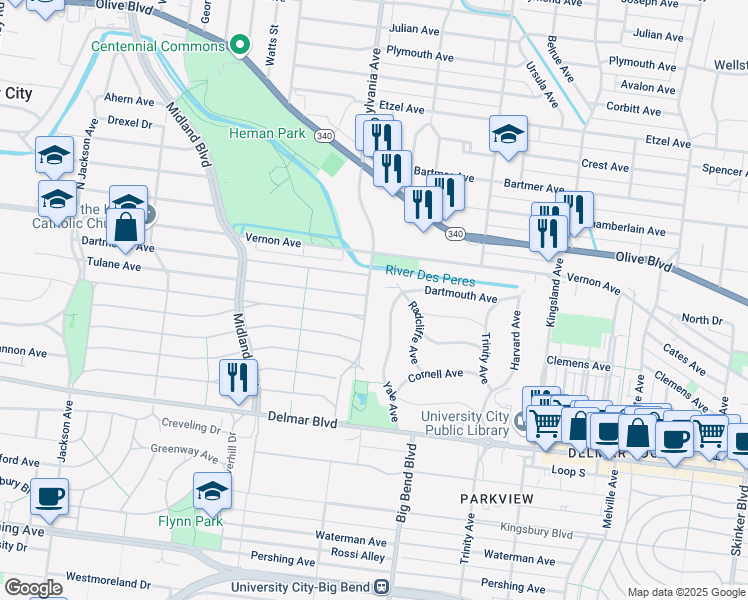 map of restaurants, bars, coffee shops, grocery stores, and more near 840 Pennsylvania Avenue in University City