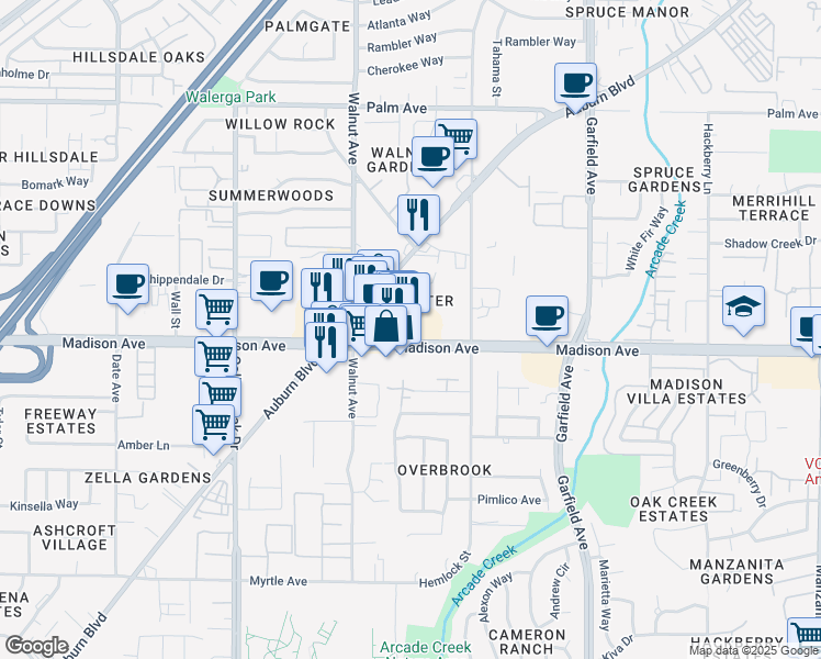 map of restaurants, bars, coffee shops, grocery stores, and more near 5207 Madison Avenue in Sacramento