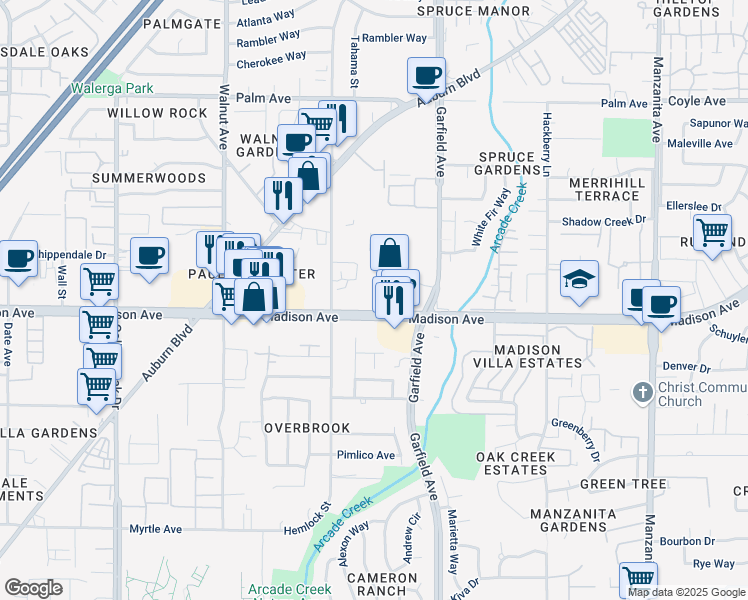 map of restaurants, bars, coffee shops, grocery stores, and more near 5345 Madison Avenue in Sacramento