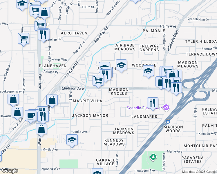 map of restaurants, bars, coffee shops, grocery stores, and more near in North Highlands