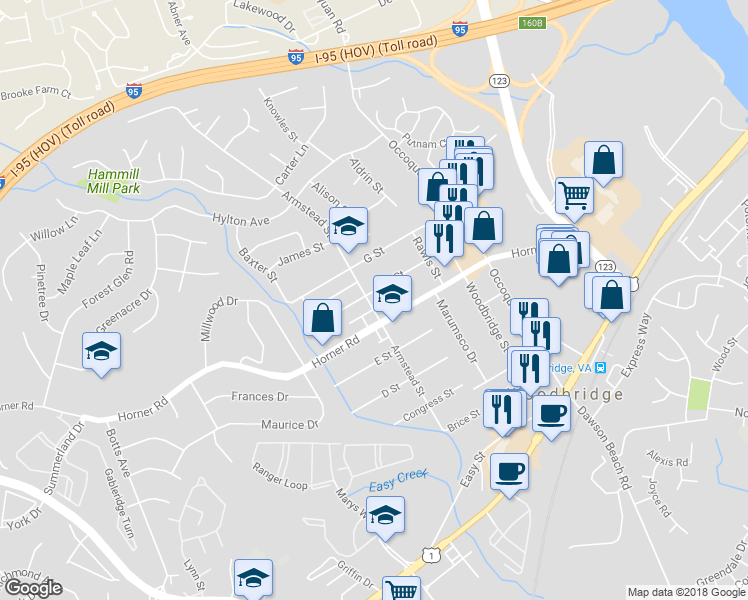 map of restaurants, bars, coffee shops, grocery stores, and more near 1425 F Street in Woodbridge