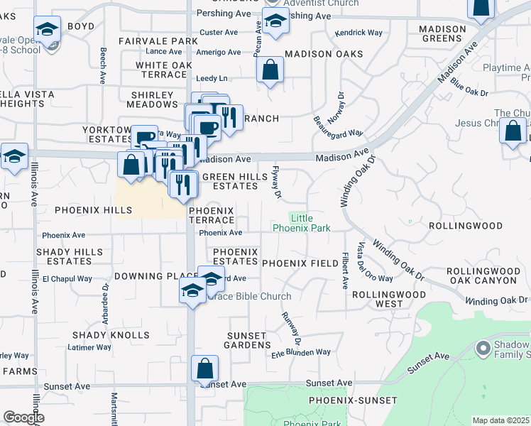 map of restaurants, bars, coffee shops, grocery stores, and more near 5208 Brondsbury Lane in Fair Oaks